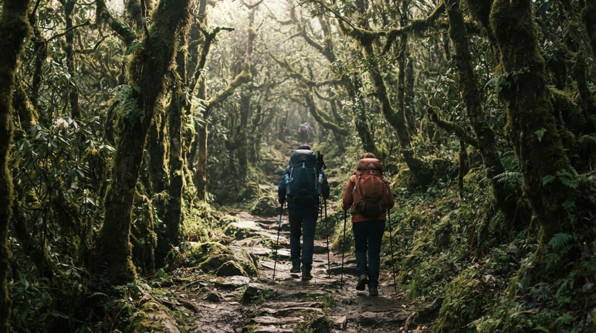 Trekkers walking through a rhododendron forest on the Mardi Himal Trek