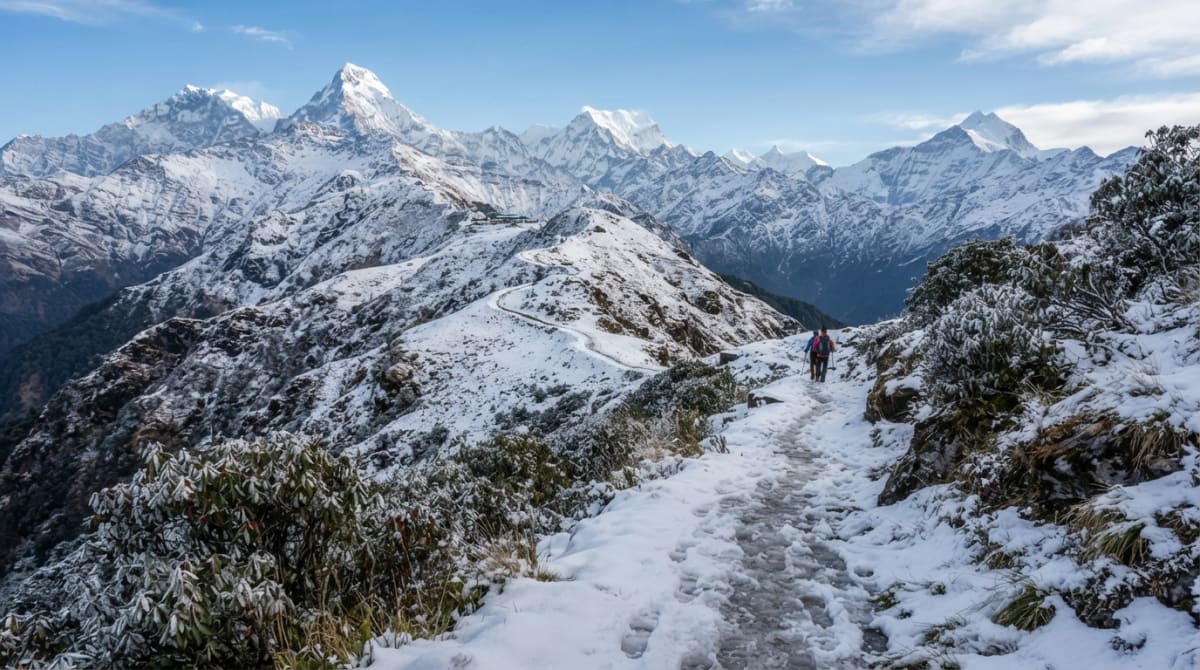 Snow-covered trail leading toward Mardi Himal