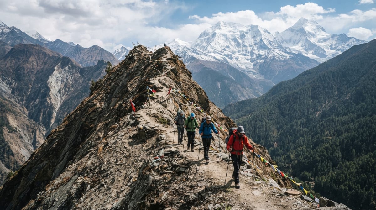 Trekkers crossing a ridge on the Mardi Himal Trek