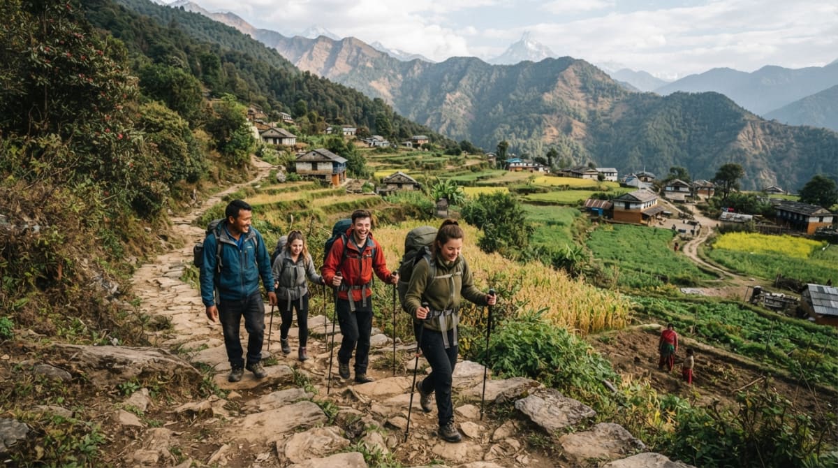 Trekkers descending toward Siding Village through forests and traditional Himalayan farmland