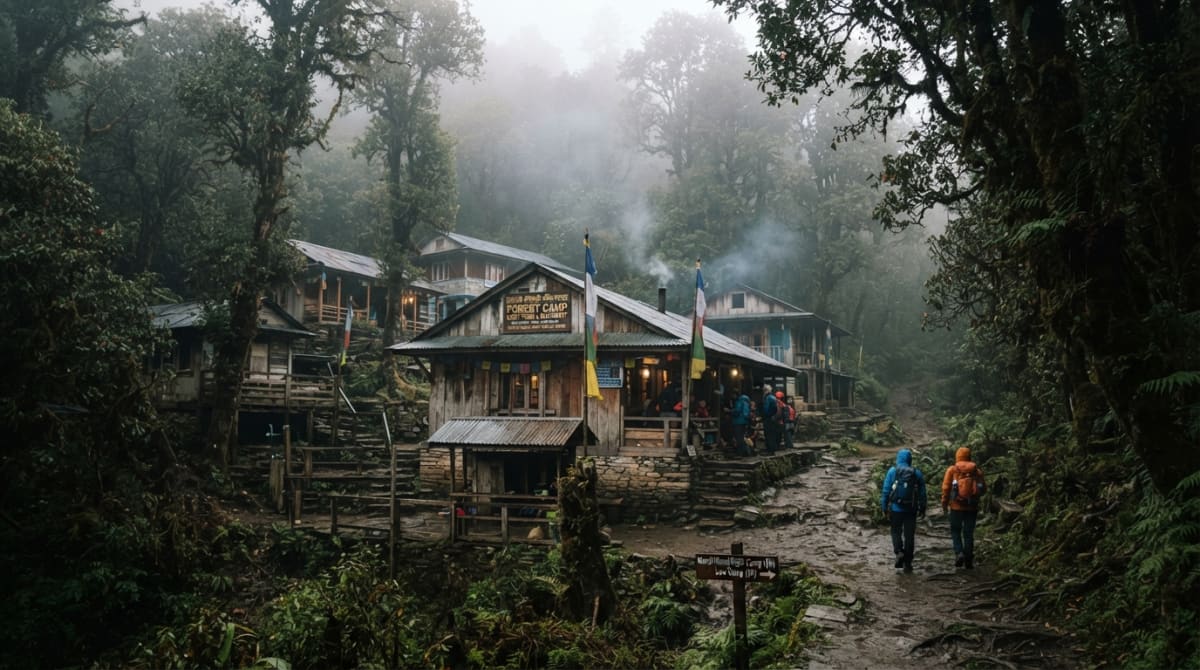 Forest Camp surrounded by mist and pine trees