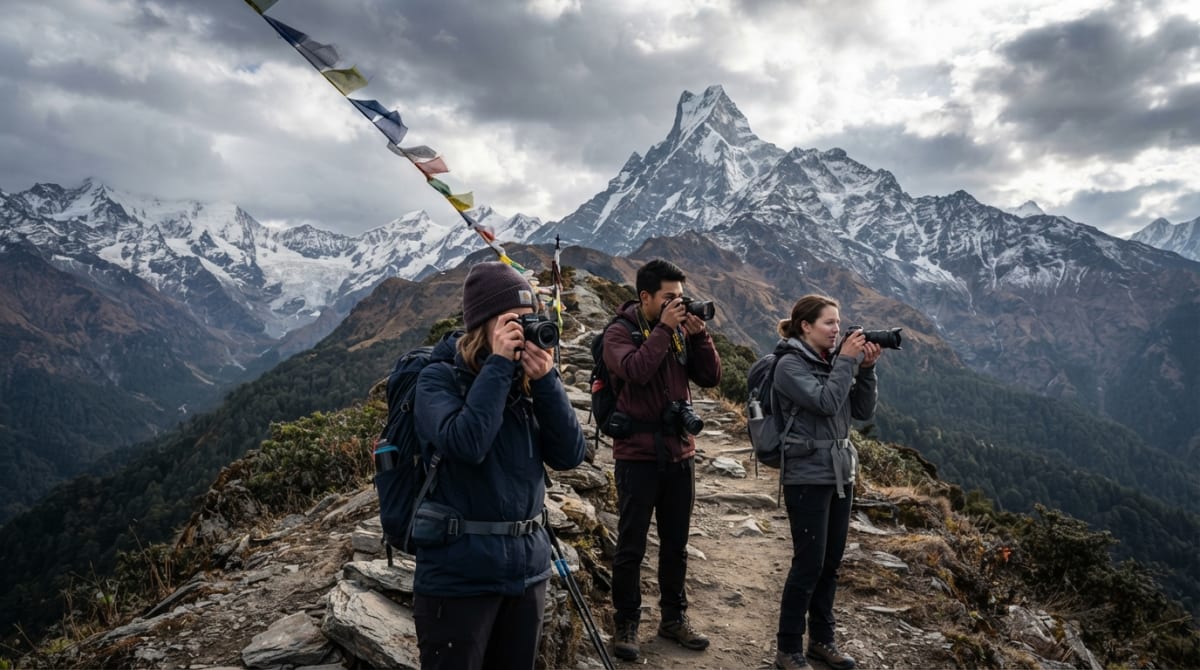 Trekkers enjoying views of Machhapuchhre on the Mardi Himal Trek