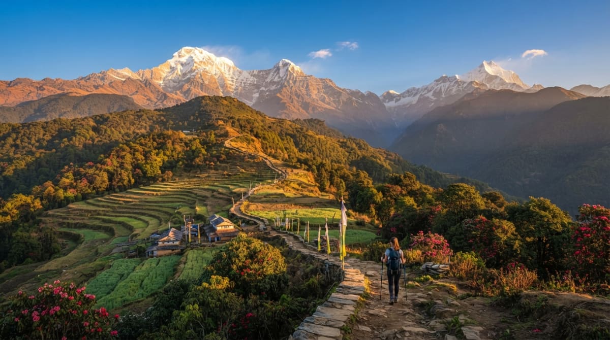 Sunrise over the Mardi Himal Trek trail near Kande