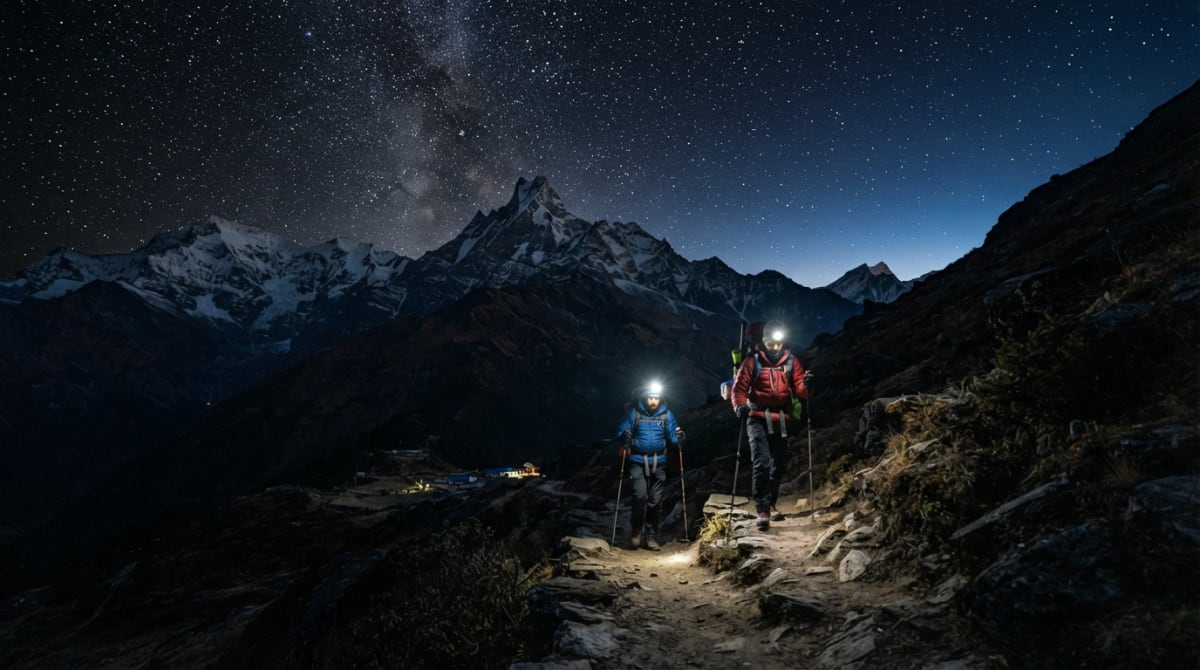 Trekkers hiking to Mardi Himal Base Camp before sunrise