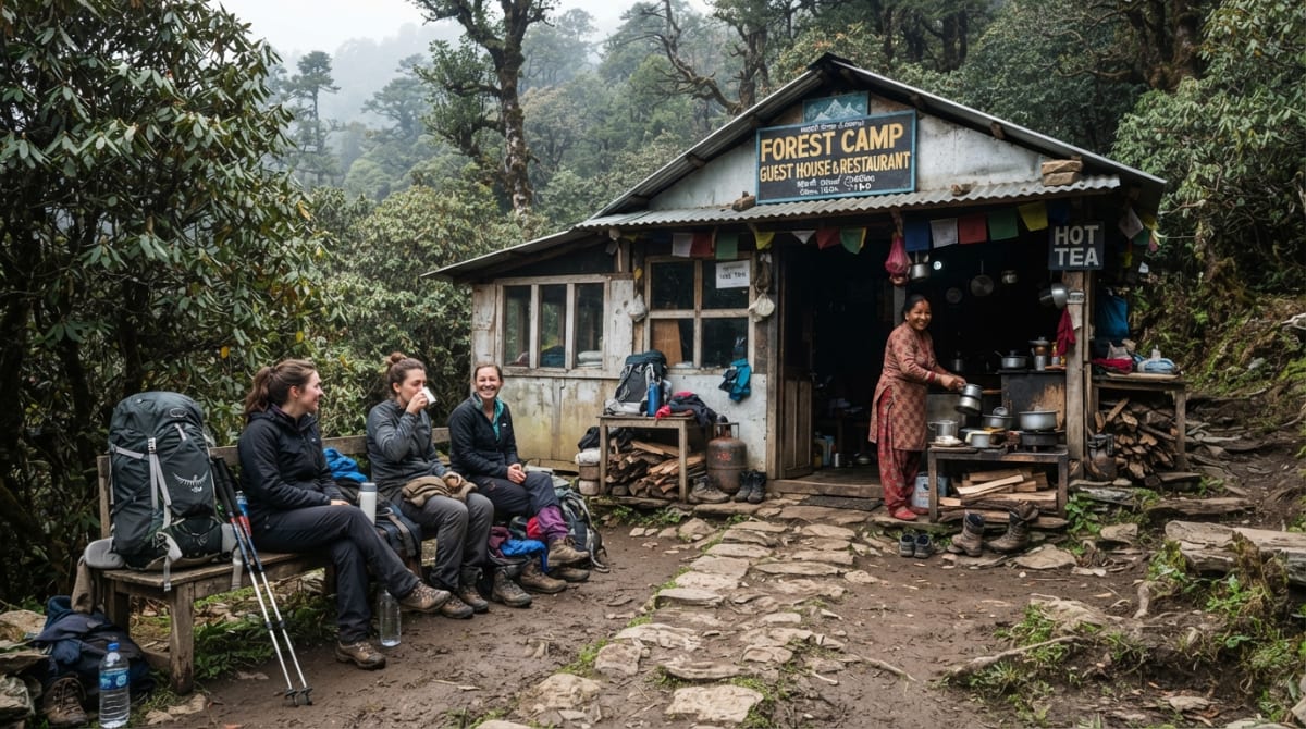 Authentic teahouse surrounded by rhododendron forest at Forest Camp on the Mardi Himal Trek