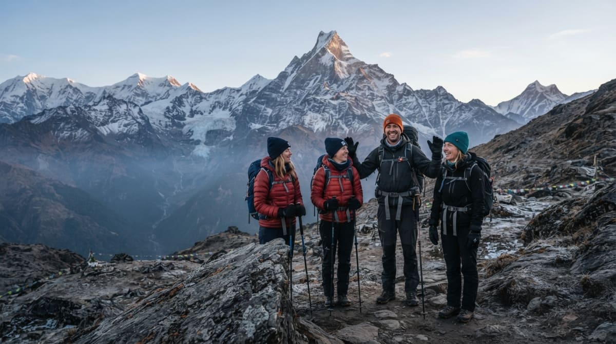 Trekkers at Mardi Himal Base Camp at sunrise with Machhapuchhre and Annapurna mountains