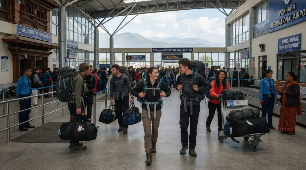 International trekkers arriving at Pokhara International Airport in Nepal before the Mardi Himal Trek