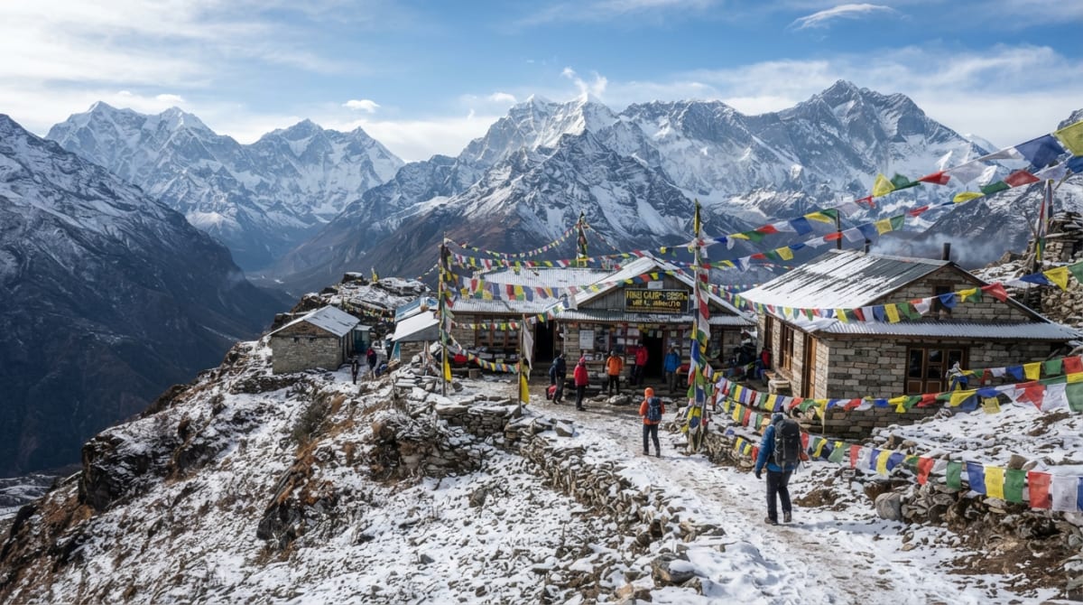 High Camp with prayer flags and snowy mountains