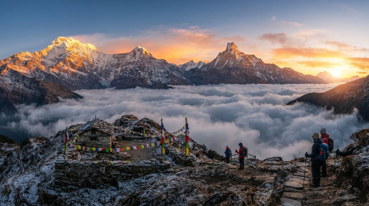 Sunrise over the Annapurna range from High Camp