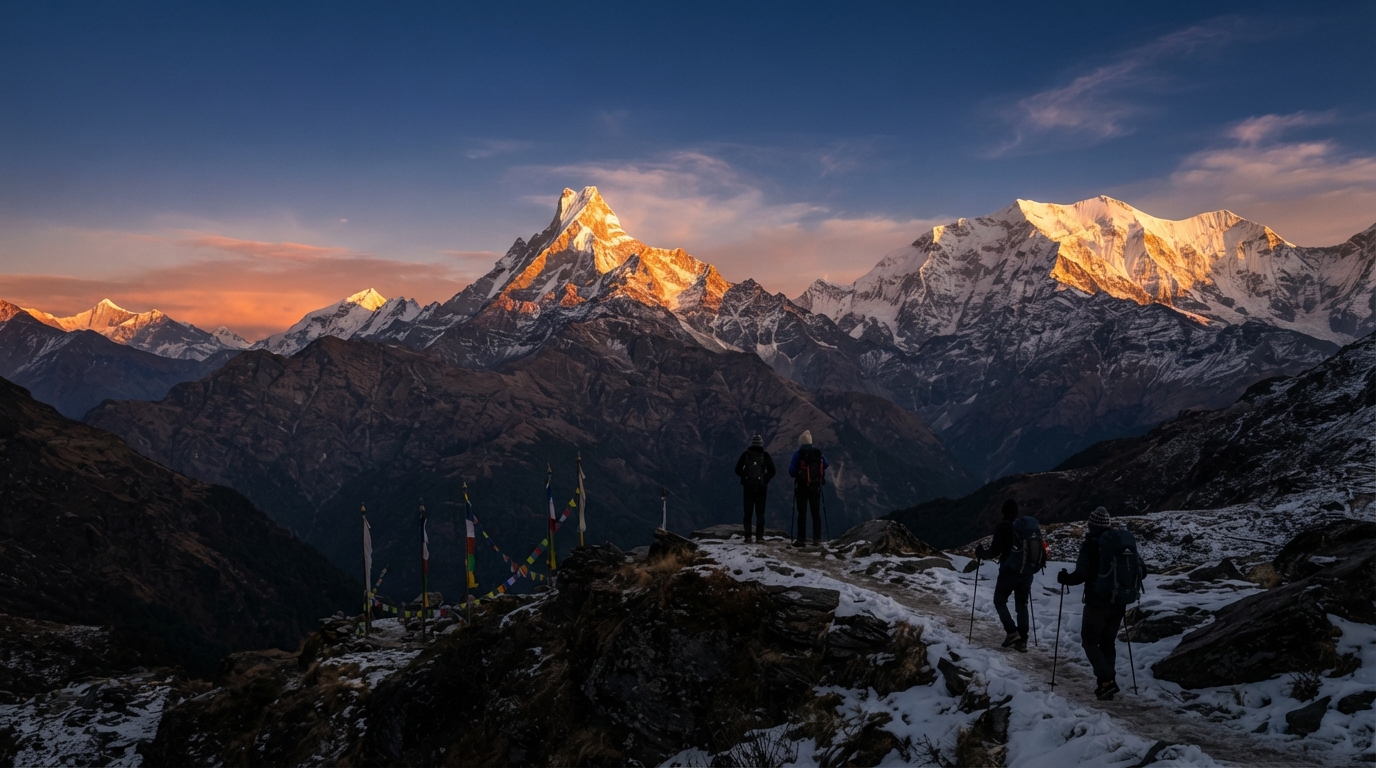 Sunrise at Mardi Himal Base Camp with Machhapuchhre glowing in golden light