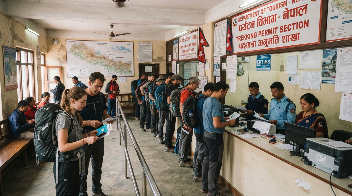 Trekkers queuing at a permit office in Kathmandu