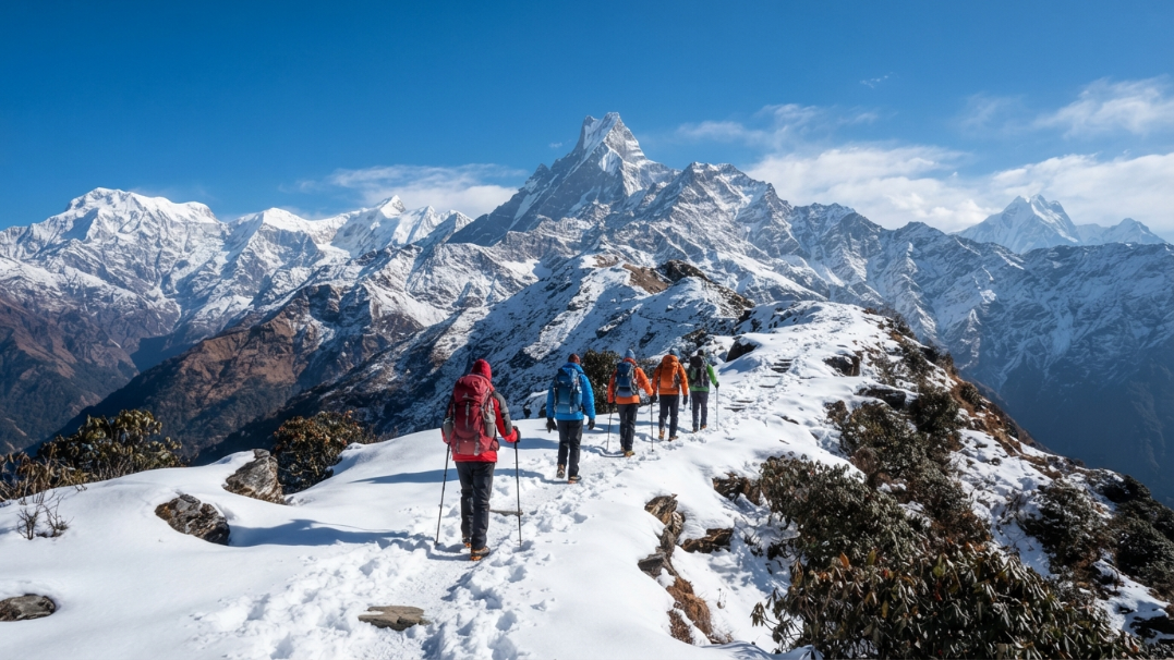 Snow-covered Mardi Himal Trek during winter season