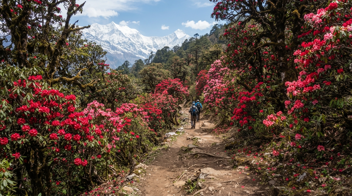 Blooming rhododendron forest along the Mardi Himal trekking trail