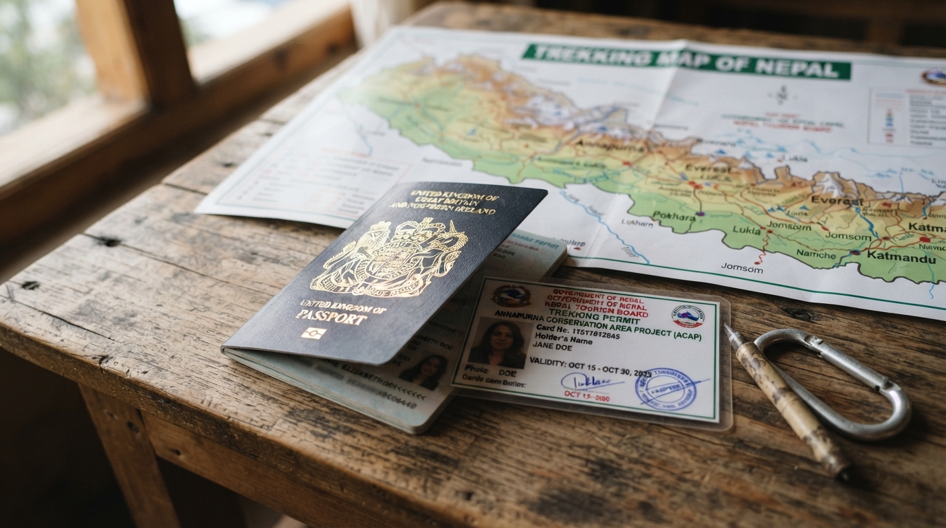 Nepal trekking permit card and passport on a table with a map