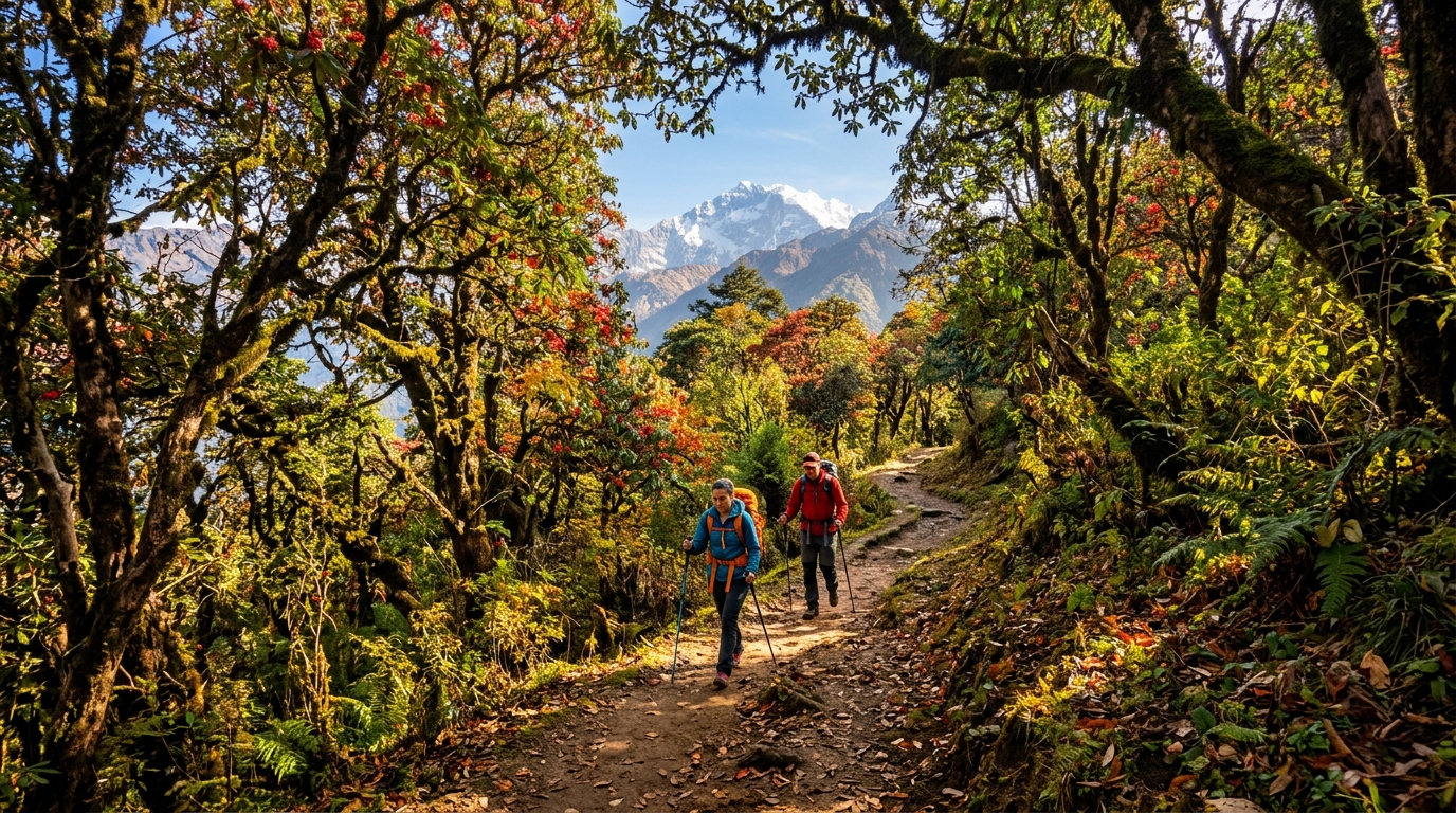 Trekkers walking through forest trail on Mardi Himal Trek in autumn