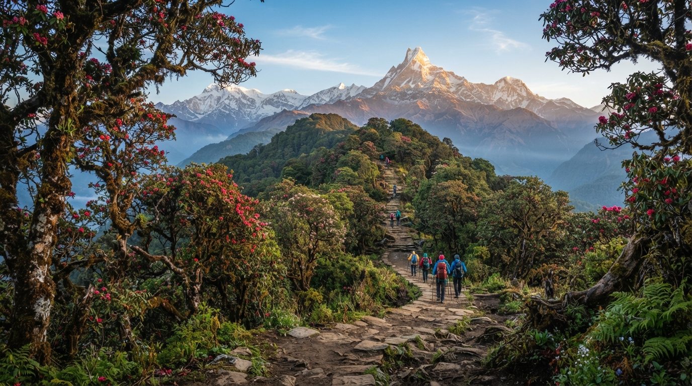 Trekkers walking through forested trail on Mardi Himal Trek with Machhapuchhre in the distance