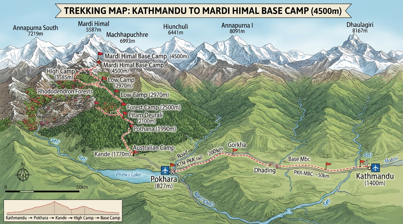 Map of the 9-day Mardi Himal Trek route starting from Kathmandu