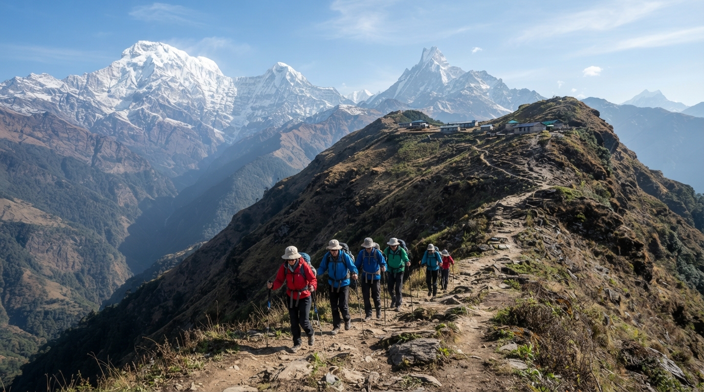 Hikers climbing steep ridge trail to High Camp with Annapurna range visible.