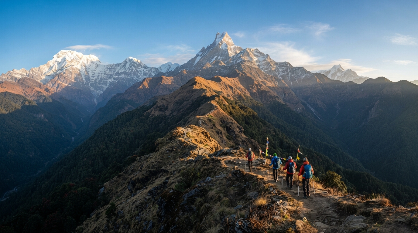 Trekkers walking along the Mardi Himal ridge trail with Machhapuchhre in the background)