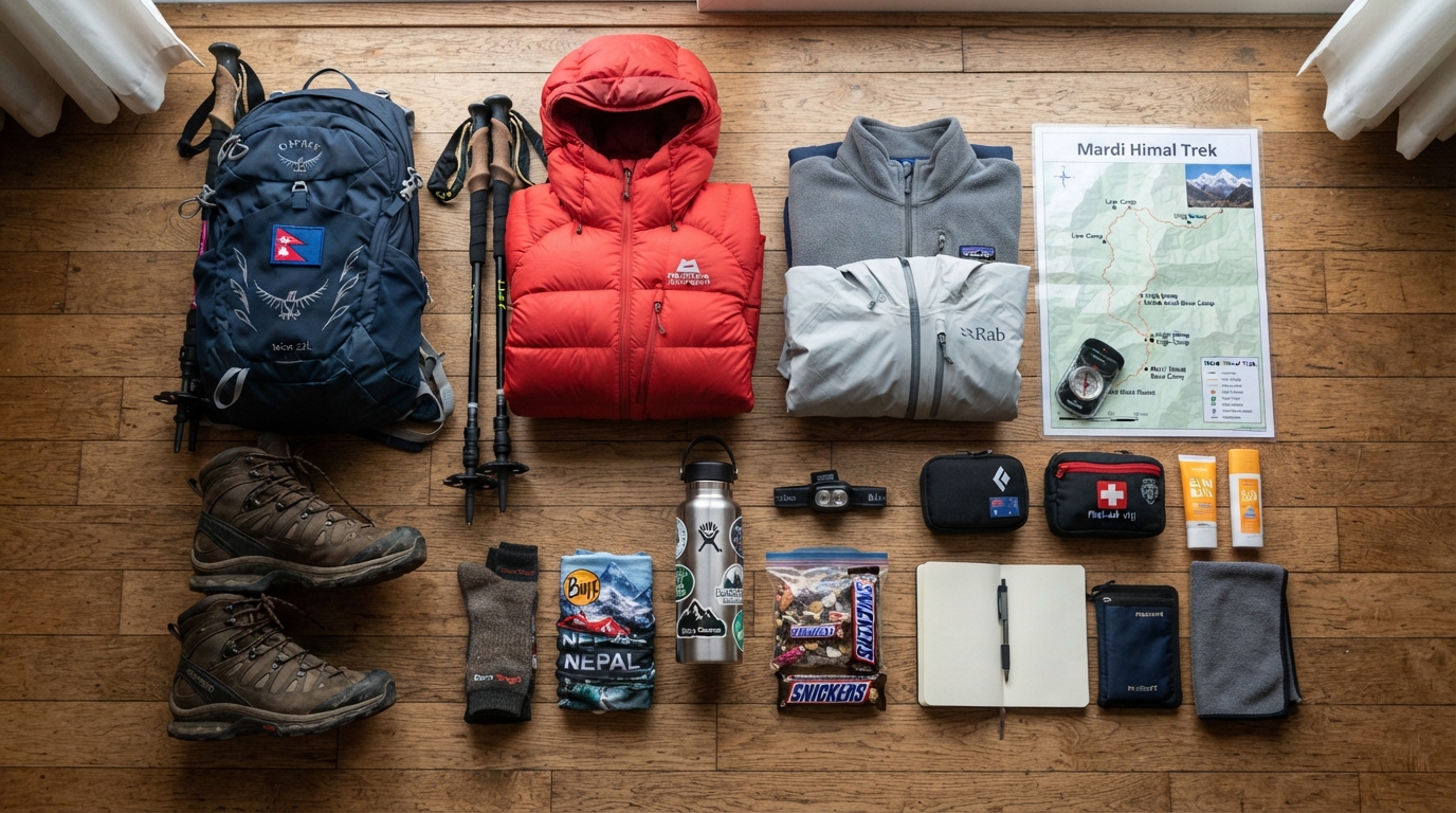 Trekking gear laid out for Mardi Himal Trek including boots poles and down jacket