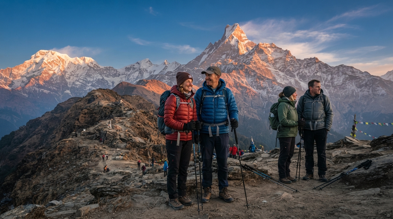 Trekkers enjoying sunrise views from Mardi Himal Base Camp