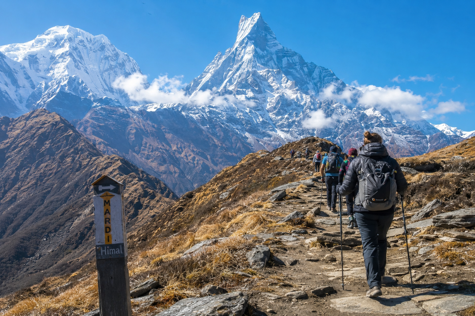 trekkers making their way along the Mardi Himal trail beneath a brilliant blue sky