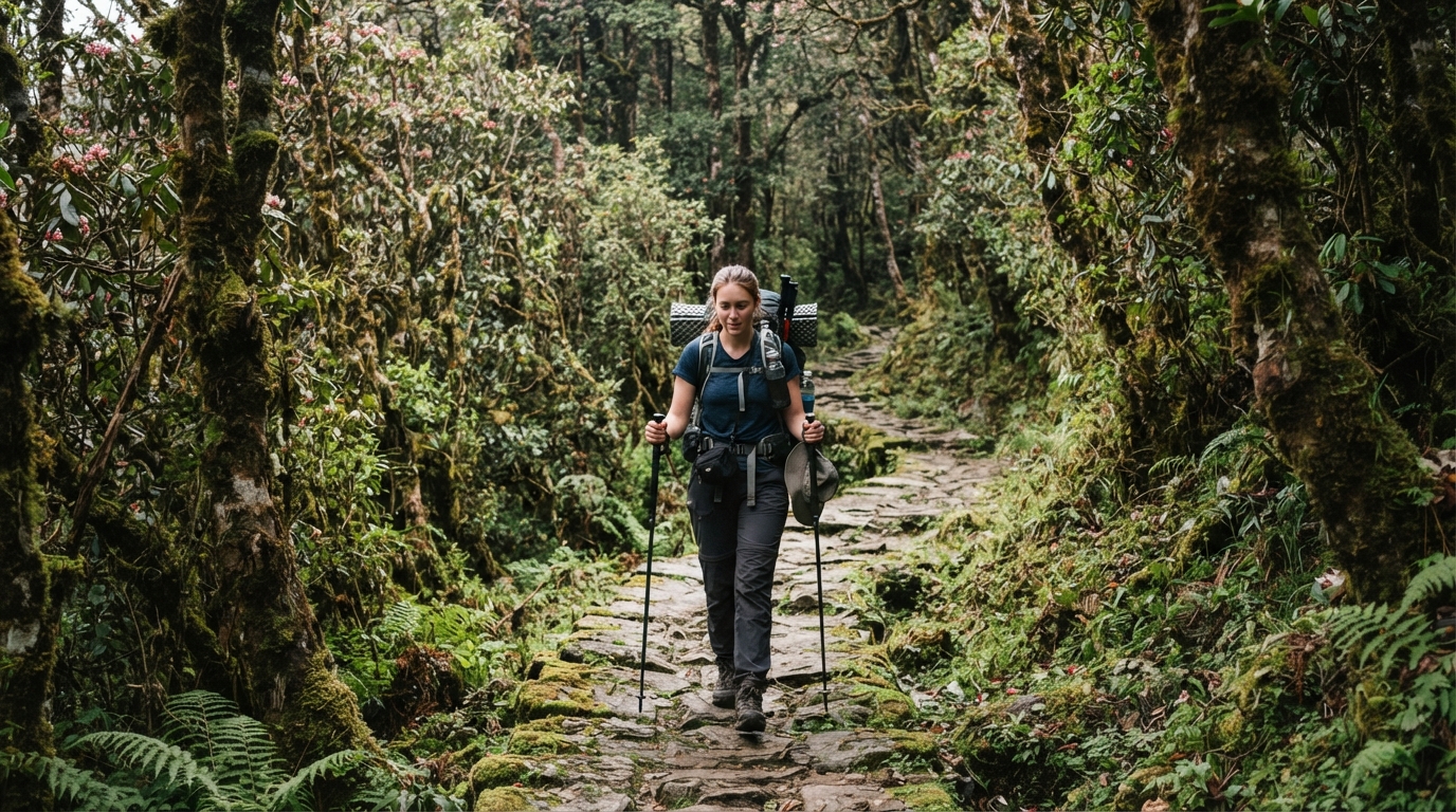Trekker walking through the forest on the Mardi Himal route