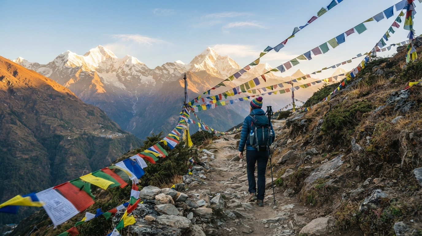 Trekker on a Himalayan trail in Nepal with prayer flags and mountains
