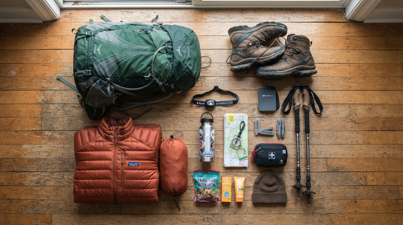 Essential trekking gear laid out for a Himalayan trek