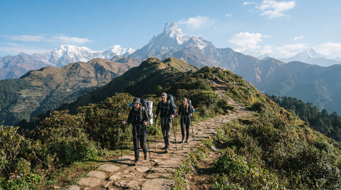  Highly photorealistic professional travel documentary photograph of trekkers hiking on the Mardi Himal trail in Kaski, Nepal, with Machhapuchhre and Annapurna mountains clearly visible in the background. Authentic stone trail, green Himalayan vegetation, realistic trekking clothing and backpacks, natural morning light, candid composition, accurate Nepalese landscape, realistic mountain scale