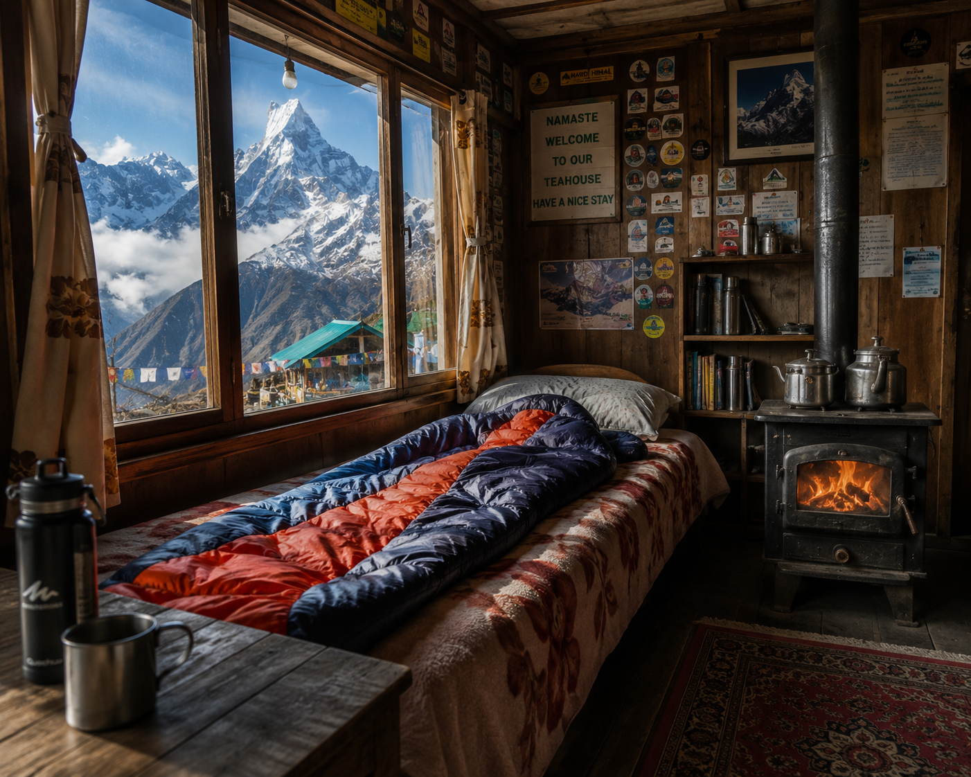 Sleeping bag inside a traditional teahouse on the Mardi Himal Trek