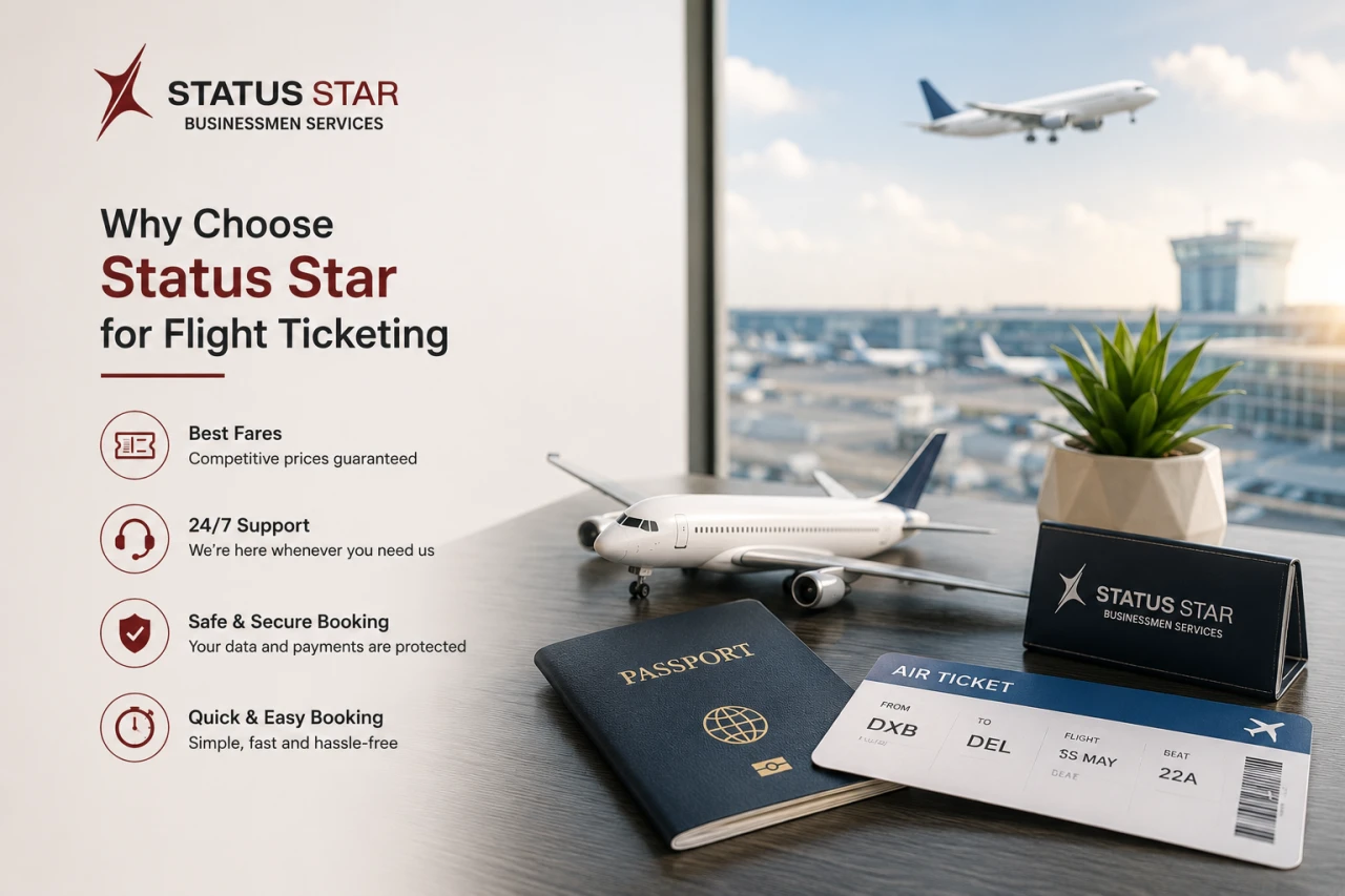 Professional flight ticketing services by Status Star Businessmen Services featuring secure booking, affordable airfares, and expert travel assistance.