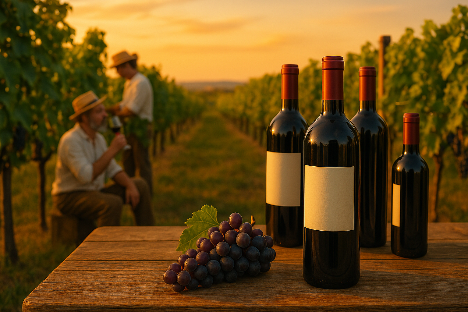 Vignoble au coucher du soleil avec des bouteilles de vin et une grappe de raisin sur une table en bois, et des vignerons travaillant dans les vignes