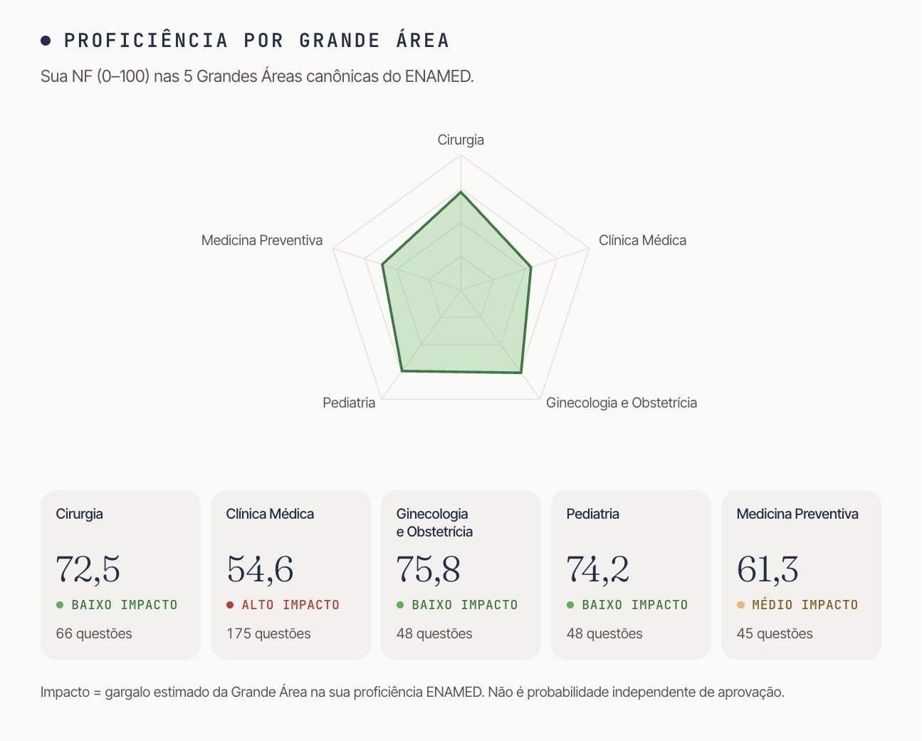 Tela de proficiência individual nas cinco grandes áreas do ENAMED.