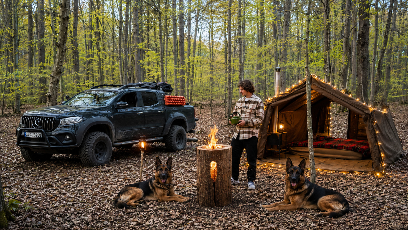 Köpekle kamp yapan bir kampçı ve doğada güvenli kamp hazırlığı