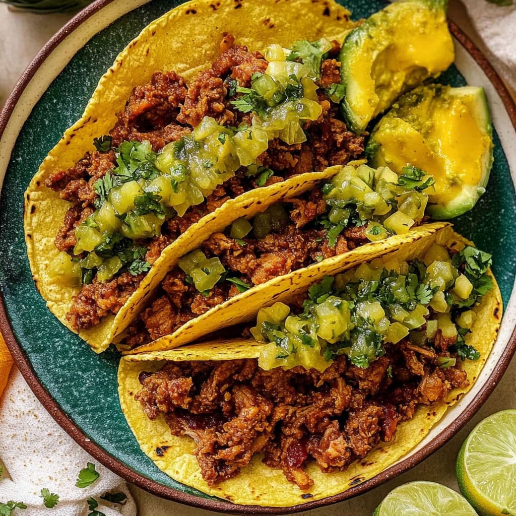 Several Tacos al Pastor on a wooden board, with fresh lime, cilantro, and sauce