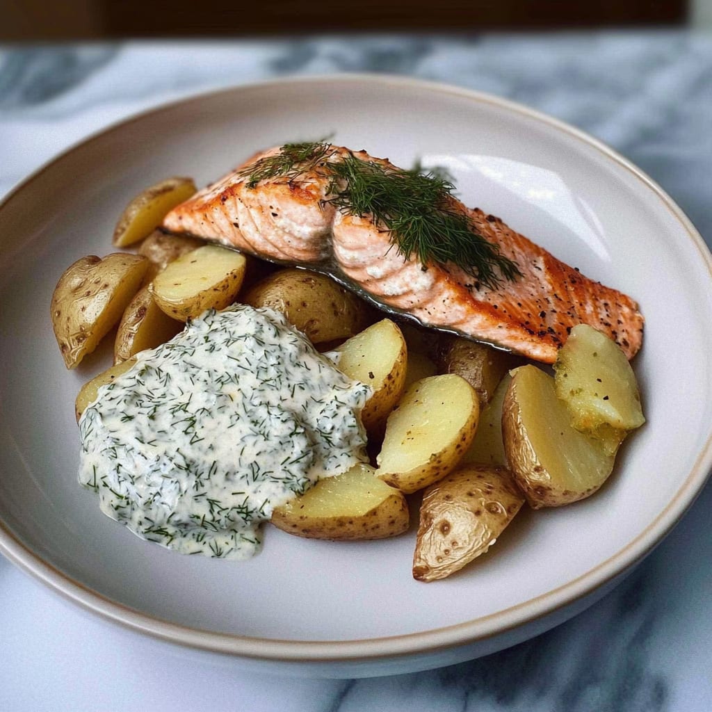 Dill Salmon with Potato Wedges & Pickle Dill Sauce: Spect...
