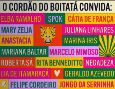 Grupo de pessoas com roupas estampadas tocando instrumentos