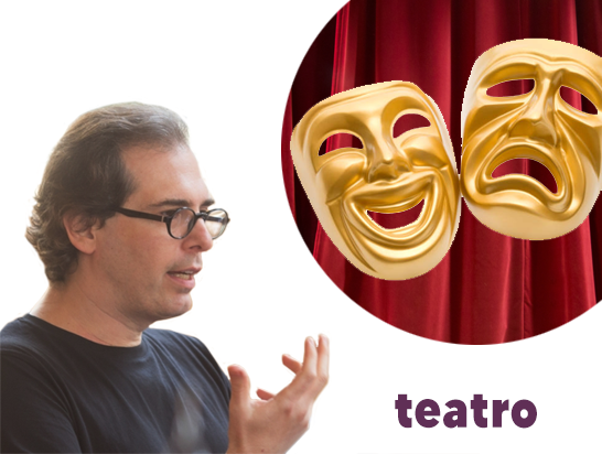 homem de perfil de óculo e máscaras de teatro em foto recortada circular