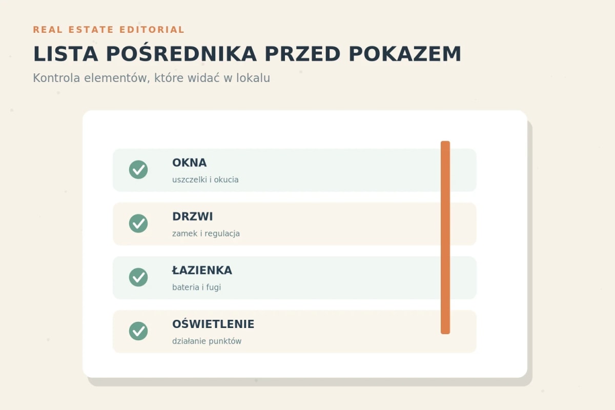 Lista pośrednika przed pokazem: okna, drzwi, armatura i oświetlenie