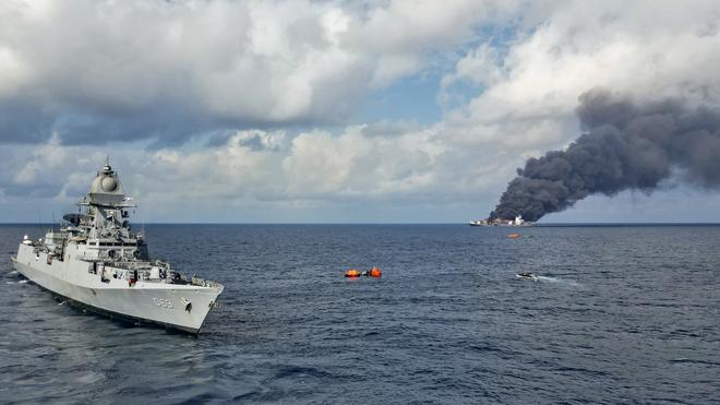 Indian Navy Rescues 18 Crew Members from Burning Singapore-Flagged Ship Off Kerala Coast