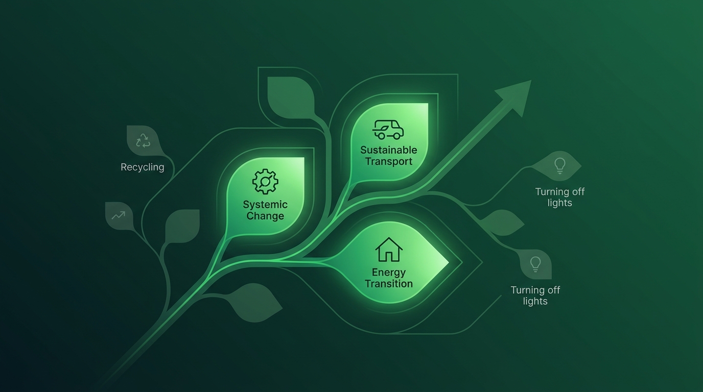 how to reduce carbon footprint — illustration of how to reduce your carbon footprint and where the real impact comes from, focused on high-leverage lifestyle and systemic changes over minor everyday actions