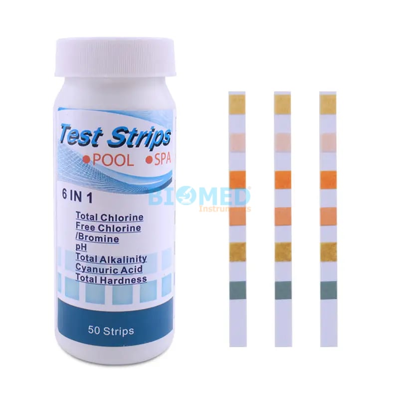 Tiras Reactivas 6 En 1, Cloro Total, Cloro Libre, Ph, Alcalinidad, Acido Cianurico, Dureza Ec-Lab