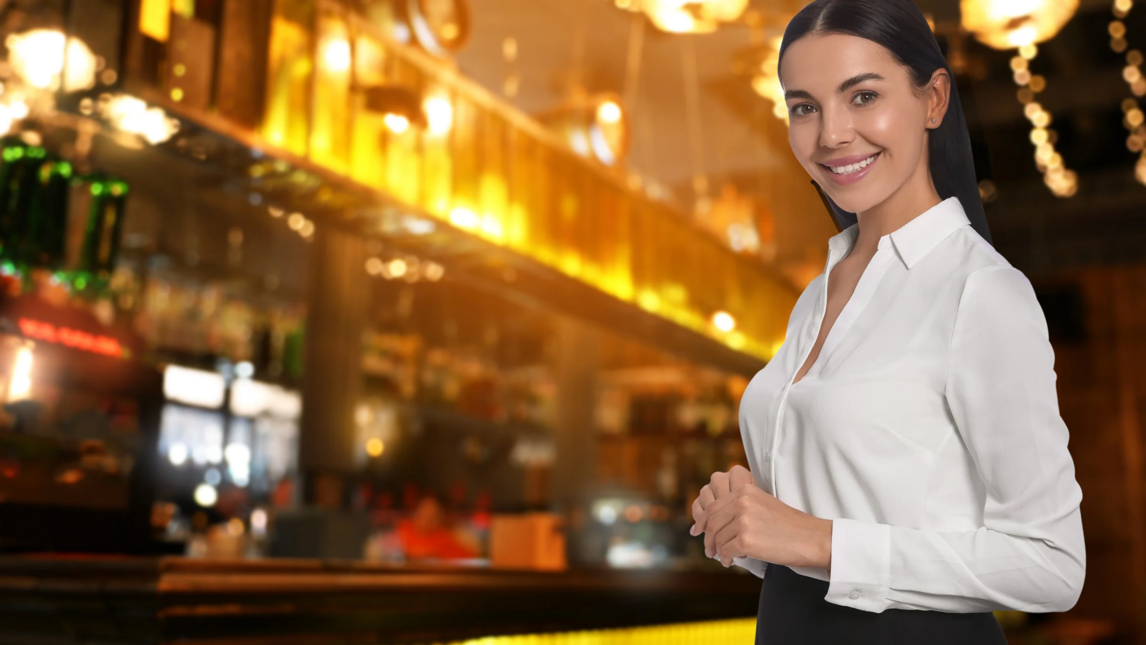 Restaurant hostess stand and AI digital employee concept