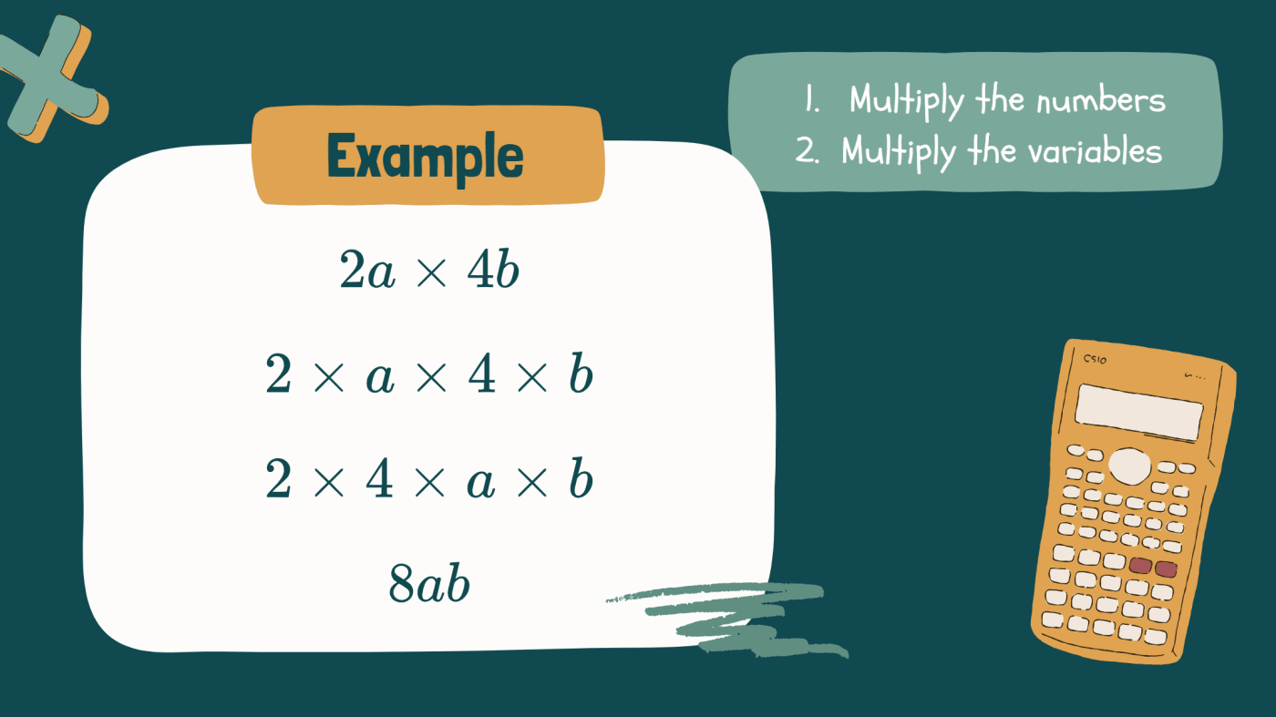 2a means 2 times a 4b means 4 times b Now multiply them together: 2a × 4b = 2 × a × 4 × b Rearrange the numbers and letters: = 2 × 4 × a × b = 8ab