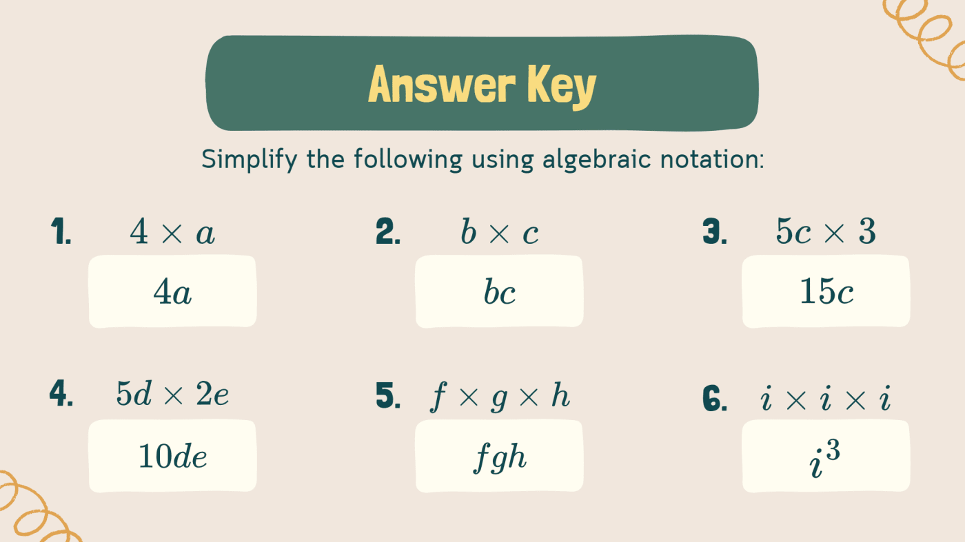 answer key. simplify the following algebraic notation.