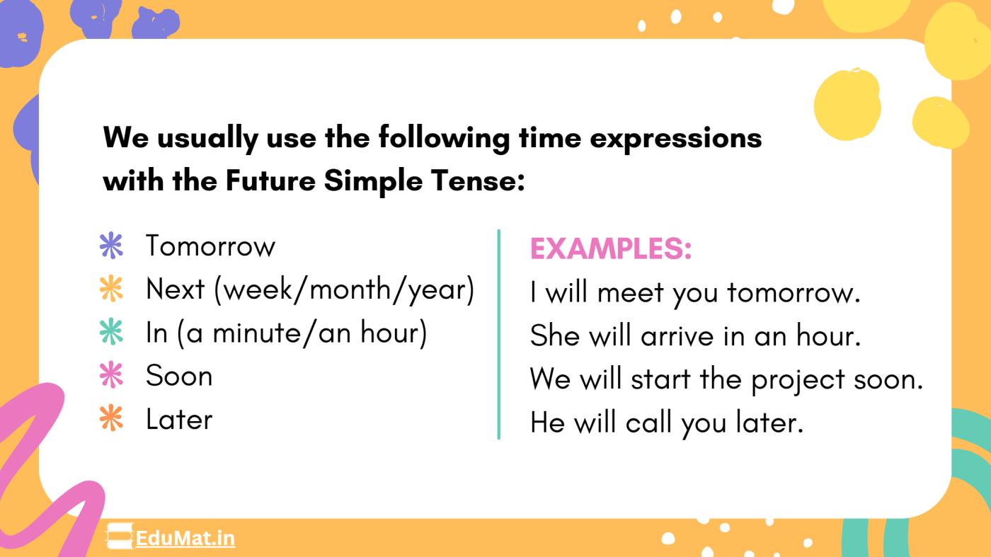 we usually use the following time expressions with the future simple tense