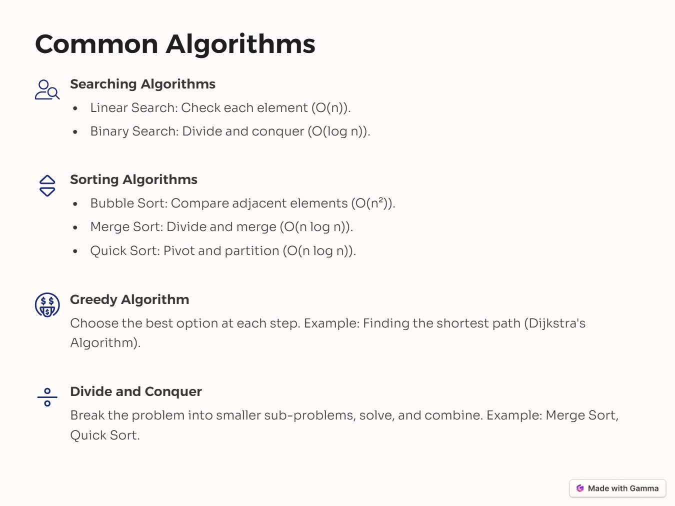 Searching Algorithms Linear Search: Check each element (O(n)). Binary Search: Divide and conquer (O(log n)). Sorting Algorithms Bubble Sort: Compare adjacent elements (O(n²)). Merge Sort: Divide and merge (O(n log n)). Quick Sort: Pivot and partition (O(n log n)). Greedy Algorithm Choose the best option at each step. Example: Finding the shortest path (Dijkstra's Algorithm). Divide and Conquer Break the problem into smaller sub-problems, solve, and combine. Example: Merge Sort, Quick Sort.