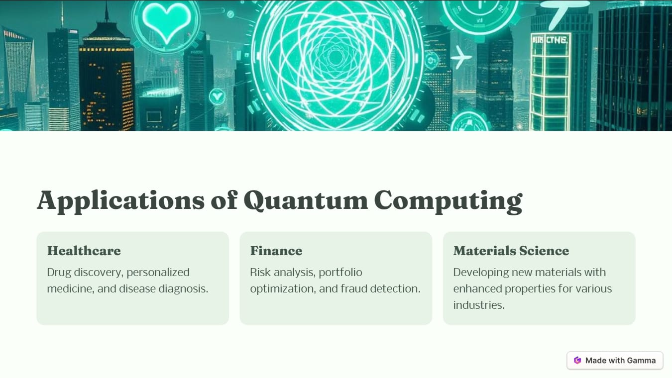 Applications of Quantum Computing. Healthcare. Drug discovery, personalized medicine, and disease diagnosis. Finance. Risk analysis, portfolio optimization, and fraud detection. Materials Science. Developing new materials with enhanced properties for various industries.
