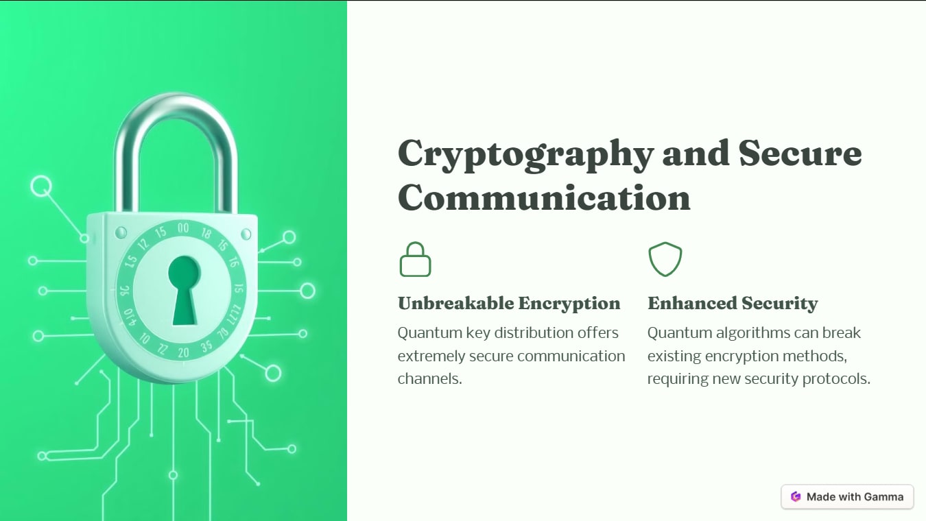 Unbreakable Encryption. Quantum key distribution offers extremely secure communication channels. Enhanced Security. Quantum algorithms can break existing encryption methods, requiring new security protocols.